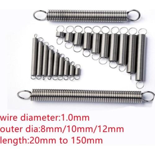 2pcs/lot wire 1mm 1*12*L extension spring 1x10x35/40/45/50/60/70/80/90/100 Stainless steel extension tension spring with hooks