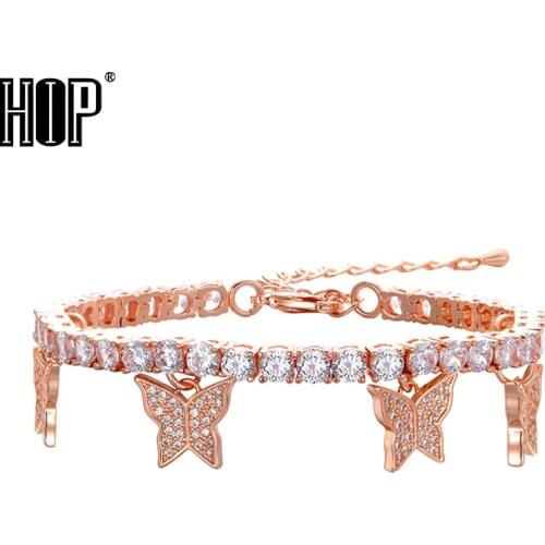 Hip Hop Adjustable 17cm+7cm Tennis Chain With butterfly Pendant 4mm 1 Row CZ Cubic Zirconia Stones Bracelet For Men Jewelry