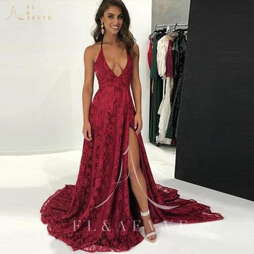 Gorgeous Wine Red Lace Side Split Evening Dresses 2022 Spaghetti Straps Formal Dress V-neck Prom Party Gowns with Court Train