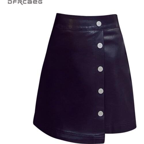 Retro High Waist PU Leather Skirt A-line Autumn Winter Skirts Women Single-breasted Mini Saia vintage Mini Jupe Femme Hiver