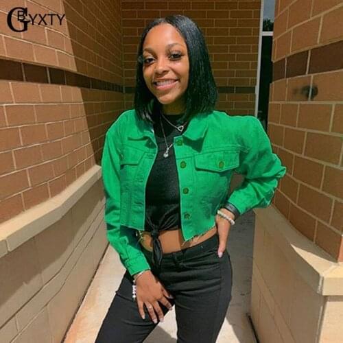 GBTXTY chaqueta mujer Women Black Denim Jackets Candy Color Loose Long Sleeve Cropped Denim Coat Streetwear Jeans Jacket ZL527