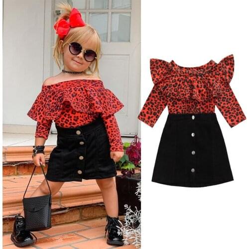 1-6Y Fashion Kids Baby girl Clothing Girl Outfits Leopard Ruffle Long Sleeve T-shirt Tops+Button A-line Skirt Outfit 2pcs