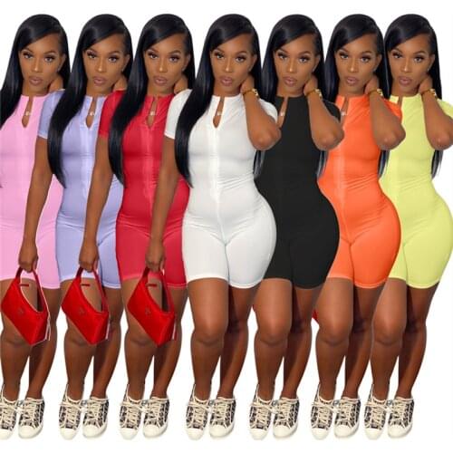 Workout Active Wear Zip Skinny Casual Rompers Women Jumpsuit Sport Short Sleeve Bodycon Solid Zipper Jumpsuits 2021 New Outfits