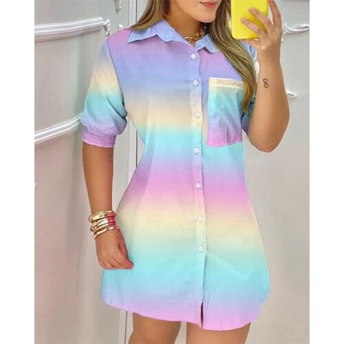 2021 New Design Long Shirt Dresses Women Short Sleeve Variegated Color/ Printed Pattern Turn-down Collar Dress, S/ M/ L/ XL/ XXL