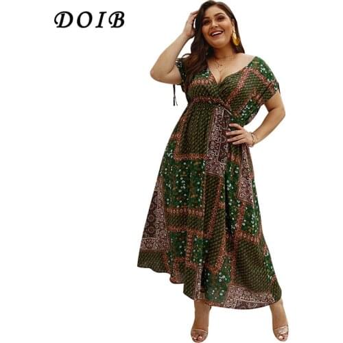 DOIB Plus Size Dresses Boho Printed Patchwork Deep V Neck Tie Split Bodycon Women Dress XL XXL XXXL XXXX