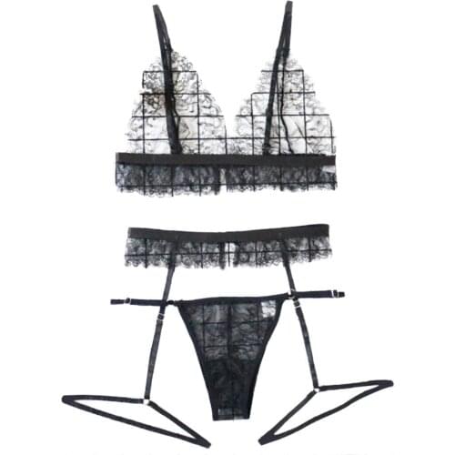 Women Sexy Black Lace Lingerie See-through Underwear Wireless Bra Set G-String Nightwear Bra and Brief Sets S-2XL