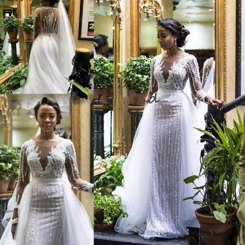 Beaded Long Sleeves Mermaid African Wedding Dress with Detachable Train South Africa Plus Size Nigeria Wedding Gowns