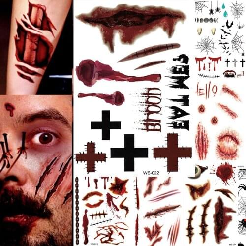 Days of The Dead Tattoo Man 3d Blade Nails Wound Blood Lnjury Scar Bloody Costume Makeup Fake Stickers Halloween Temporary Tatoo