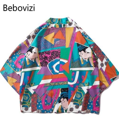 Bebovizi Japanese Ukiyo E Full Printed Kimono Jackets 2019 Mens Harajuku Streetwear Japan Style Jacket Coat Hip Hop Thin Robe