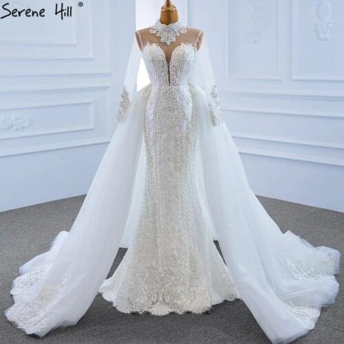 Serene Hill White Detachable Mermaid Luxury Wedding Dress 2020 Dubai Beading Lace Long Sleeves Bridal Gown Custom Made CHM67180