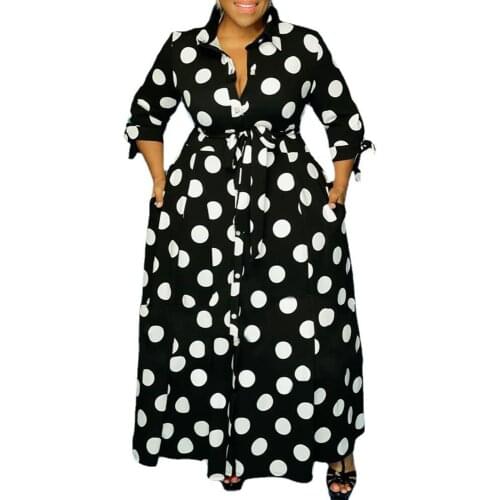 Blouses Polka Dot Long Sleeve Dress Large Size Ladies High Waist Button Leisure Dress 2021 New Summer Leisure Large Swing Dress