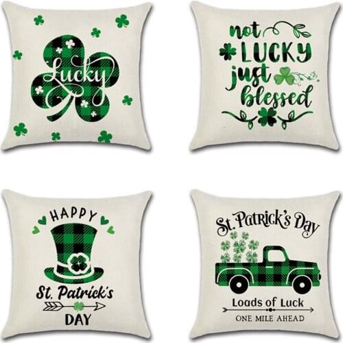 Pillow Case Happy St. Patricks Day Decoration Cushion Cover Spring Green Leaves Decor Pillow Cover Clover hat truck Pillowcase