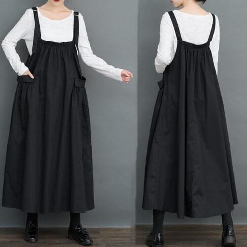 Black Suspender Dress 2020 Autumn New All-match Large Size Dress Fold Stitching Mid-length Dress Sleeveless Casual Overall K1293