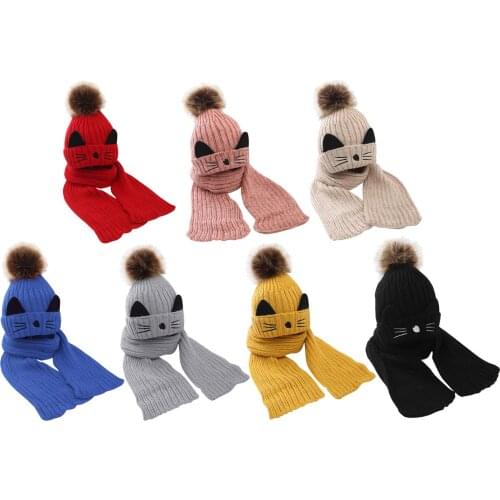 3 to 10 Years Old Hairball Beanies Sets Velvet Wool Kids Knitted Fur Hats Winter 2 Pcs Boys Girl Scarf Hat Set Child