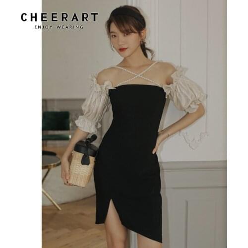 CHEERART Beading Strapless Bodycon Elegant Dress Women Lantern Sleeve Summer Black Ladies Tube Top Dress Korean Fashion Clothing