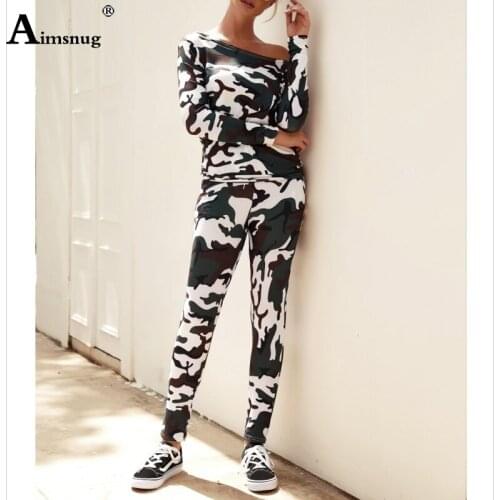 Aimsnug Elegant Leisure Camouflage Top and Drawstring Waist Pants Sets Women Autumn Sporting Tracksuit Casual Two Piece Sets