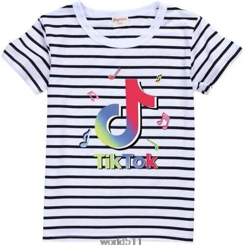 2021 Childrens clothing printing Tik Tok cotton Striped T-shirt summer sports and leisure boys and girls T-shirt 2-15years