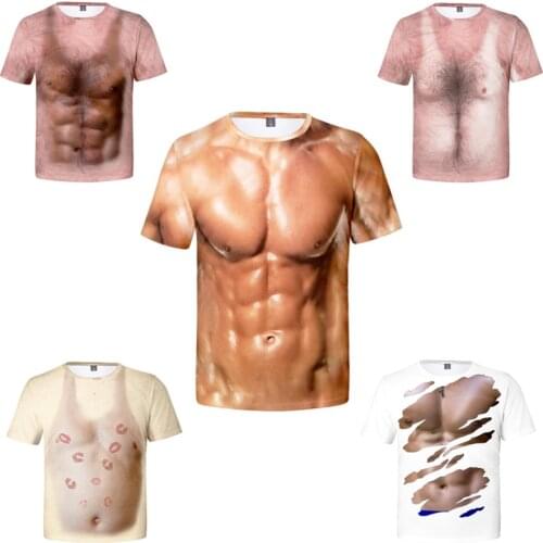 Fitness Muscle 3D Printing Summer Mens Tshirt Casual Round Neck Short Sleeve Funny T Shirts Chest Hair Muscle Graphic Tees