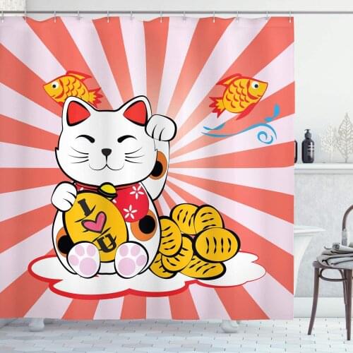 Cat Shower Curtain Japanese Lucky Cat Meneki Neko Gold Coin Fish Koi Goldfish I Love You Red Sunlights Sun Bathroom Eastern