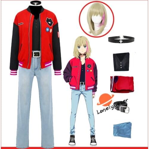Anime Wonder Egg Priority Rika Kawai Cosplay Costume Wig Jacket Choker Jeans Halloween Party Role Play Outfit Girls Women