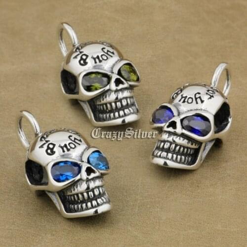 925 Sterling Silver Smile Skull CZ Eyes Mens Biker Rocker Punk Pendant 8Q111