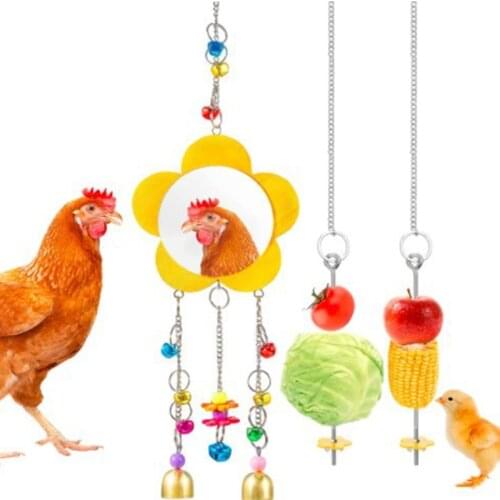 Chicken Mirror Toys with Color Bells for Hens Roosters Hanging Swing Toy Veggie Fruit Feeder Hanger for Parrot Chicken