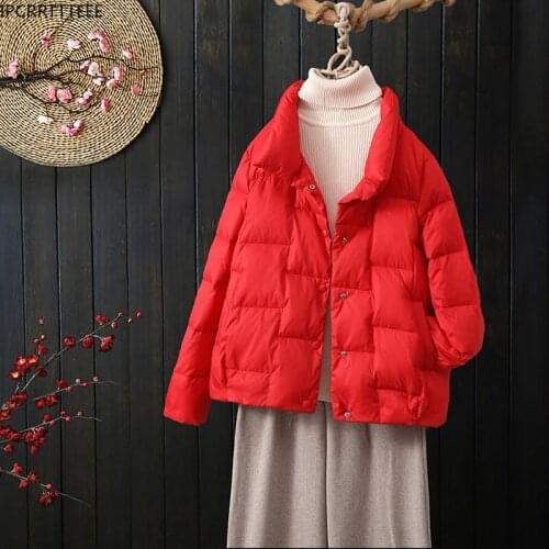 Women Winter 90% White Duck Down Jacket Stand Collar Short Single-Breasted Coat Preppy Style Parka Ladies Chic Outwear