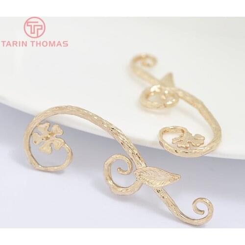 10PCS 40x13MM 24K Champagne Gold Color Plated Brass with half hole pins Flower Vine Charms High Quality Jewelry Accessories