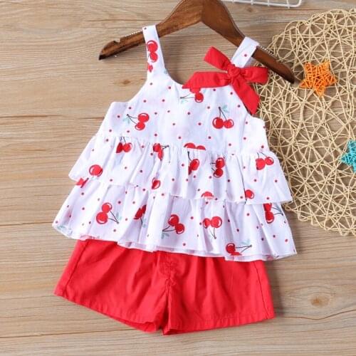 Cute Girl Clothes Set New Summer Baby Cherry Polka Dot Printed Bowknot Vest Top + Solid Color Shorts Childrens Clothes 2Pcs