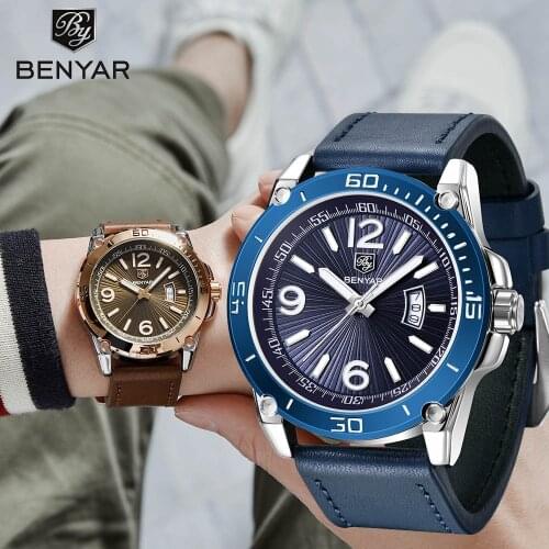BENYAR Men Watches 2021 New Fashion Leather Waterproof Luminous Top Brand Luxury Mens Quartz Wristwatch Men Relogio Masculino
