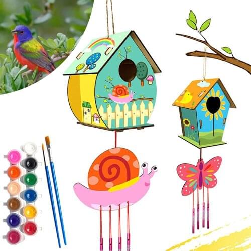 DIY Wooden Birdhouse Kits Childrens Graffiti Wind Chimes Birdhouse Kits for Kids to Build and Paint BirdHouse DIY Crafts Kits