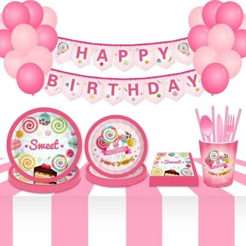 Lollipop Pink Disposable Tableware Set sweet candy Paper Plate Cups Napkin Birthday for Kids Party Supplies Wedding Decor