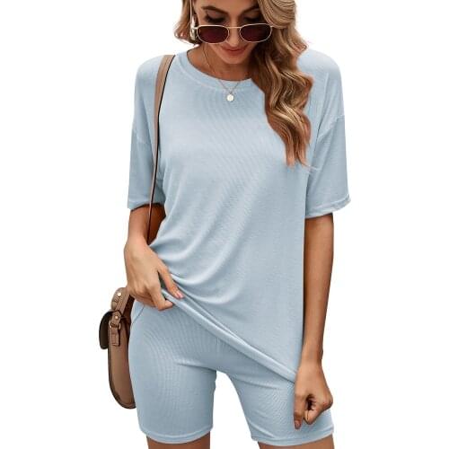 Summer New 2021 Womens Home Wear Solid Color Casual Loose Top Leggings Sports Suit Fashion Two-piece Suit