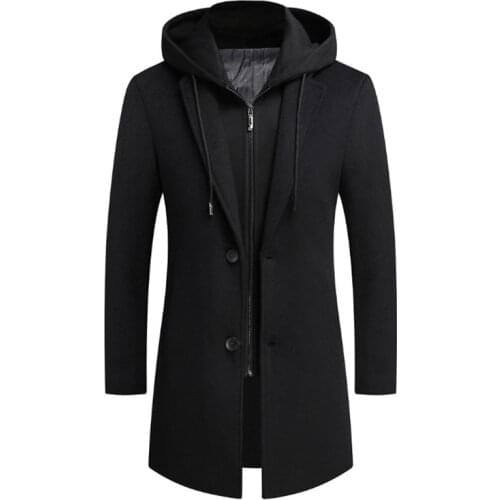 New Men Winter Wool Coat Thick Hooded Men Wool Blends Coats British Style Long Windbreaker Jacket Woolen Overcoats