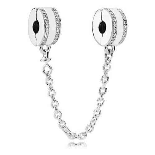 Original 925 Sterling Silver Charm Insignia With Crystal Safety Chain Clip Beads Fit Pan Bracelet & Bangle DIY Jewelry