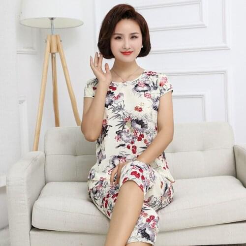 Middle-aged and elderly short-sleeved pajamas suit summer thin section cotton and linen slub cotton jacket pants two-piece suit