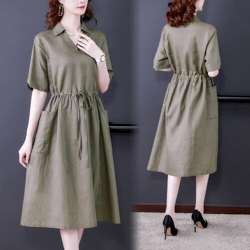 Summer Casual Solid Cotton Linen Shirt Sundress 2021 Vintage 3XL Plus Size Loose Midi Dress Women Elegant Bodycon Party Vestidos