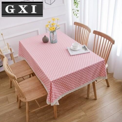 Pink Linen Sweet Heart Printed Table Cloth With Lace Border For Kitchen Dining Home Decor Rectangular Decorative Tablecloth