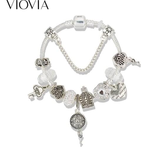 VIOVIA Vintage Jewelry Key Charm Bracelets For Women Murano Glass Beads With Crown Bracelets Pulseras Gifts Friendship B19051