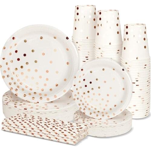 High Quality Hot Stamping White Disposable Tableware Rose Gold Plate/Napkin/Cup/Straw Adult Happy Birthday Party Deco Kids