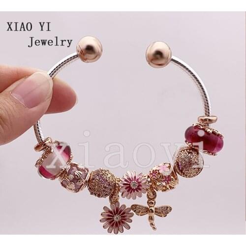 XIAOYI 2020 new s925 Spring Lovely pink glaze flower hollow-out garden open bracelet high quality New popular fashion jewelry