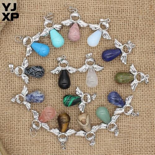 YJXP Angel Wings Pendants Water Drop Shaped Natural Stone Amethysts Rose Pink Quartzs Cute Pendant Charms Jewelry Necklaces fits