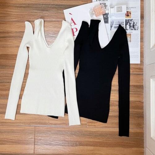 New Ladies Fashion 2021 Long Sleeve Sexy Casual Solid Color Knit Off Shoulder Top 0308