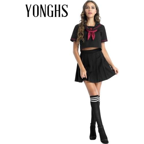 Womens School Girls Uniform Fancy Cosplay Roleplay Costume Sailor Collar Embroidered Tops with Pleated Skirt Bow Tie Stocking