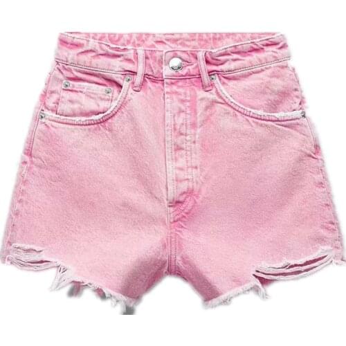 KONDALA Za 2021 Chic Pink Denim Shorts Women Stylish High Waist Casual Short Trousers Female Streetwear Shorts
