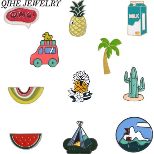 QIHE JEWELRY Cartoon pins collection Camping Travel Badges Pineapple Watermelon Fruit Lapel pins Milk Enamel pins
