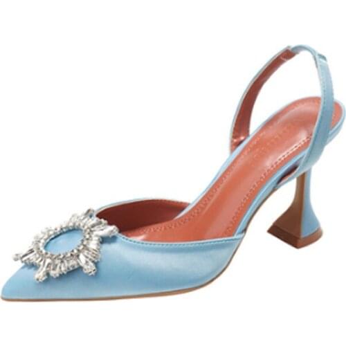 Big Size 41 42 Blue Women Pumps Silk Satin Pointy Toe Rhinestone Crystal High Heels Shoes Slip On Women Wedding Pumps Sandal