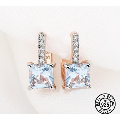 925 Sterling Silver Gemstone Earrings Created Blue Topaz For Women Anniversary Gift Luxury Elegant Fine Jewelry Rose Gold Plated