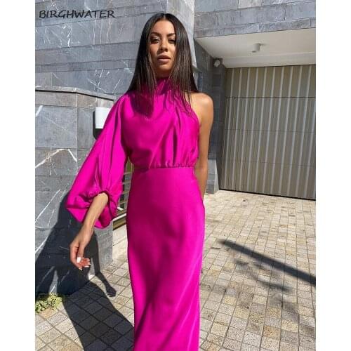 Womens Satin Dresses 2021 Summer Lantern Sleeve One Shoulder Bodycon Women Clothes Elegant Rose Club Party Office Midi Dress