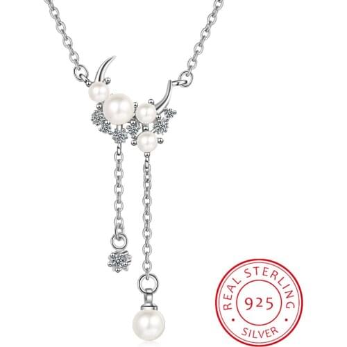 Delicate Moon Long Tassel Pendant Necklace 925 Sterling Silver Pearl Charm Clavicle Chain Necklace For Women S-N522